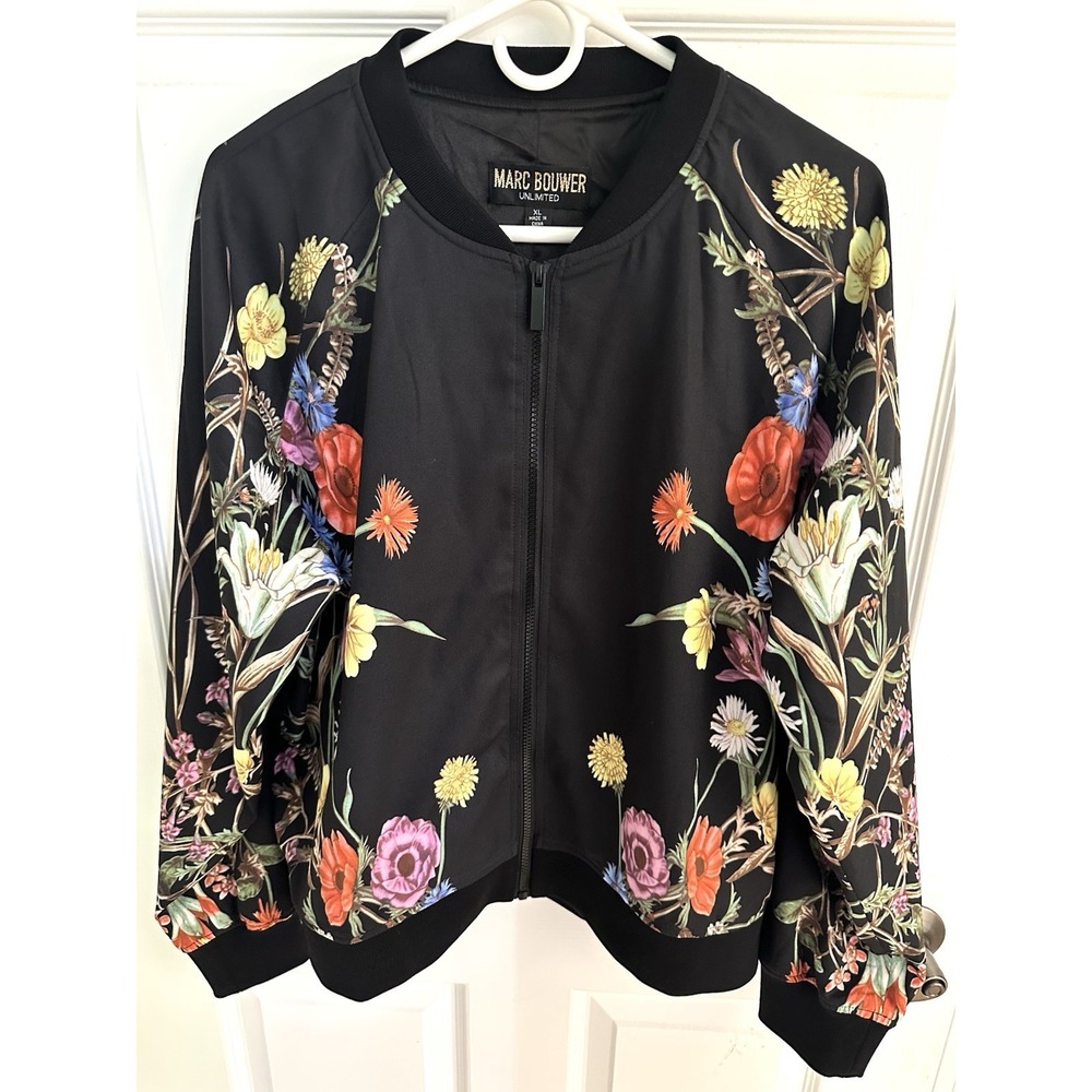 Marc Bouwer Unlimited XL Black Floral Boho Full Zip Bomber Jacket Party Cruise